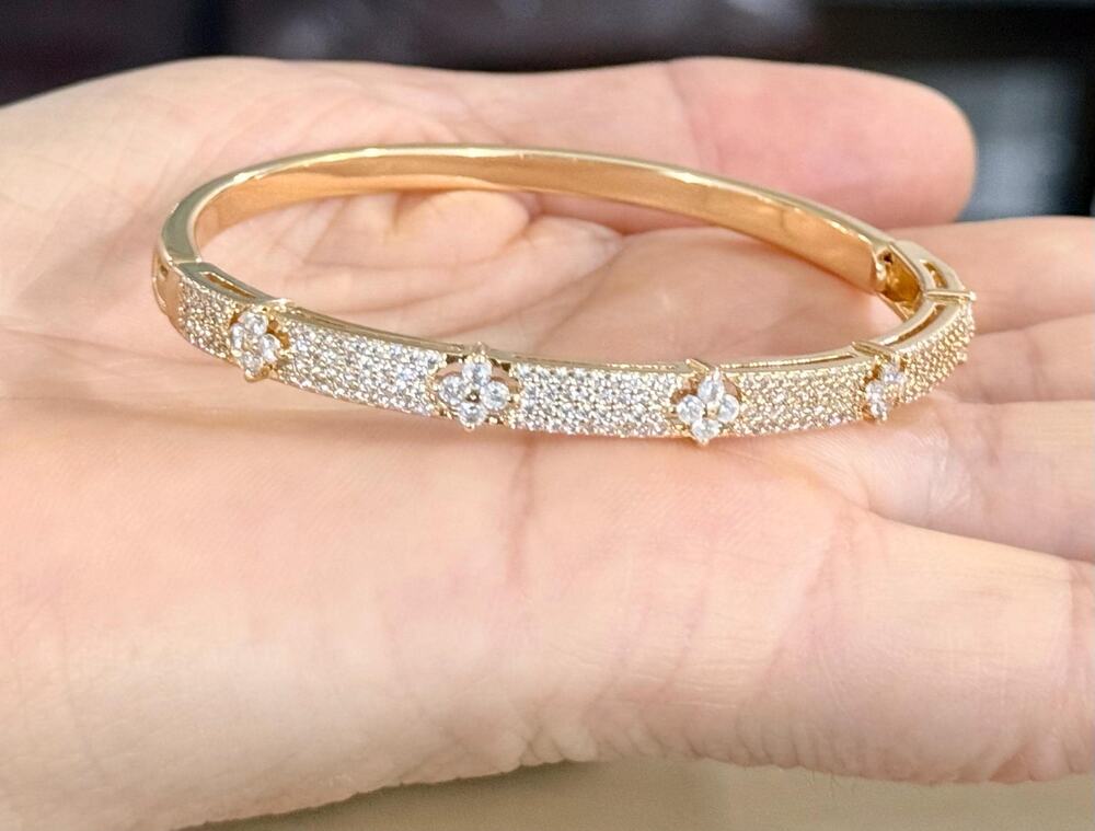 Designer Gold Tone Designer Cloverleaf CZ Bangle Bracelet Dainty Sparkle Cuff